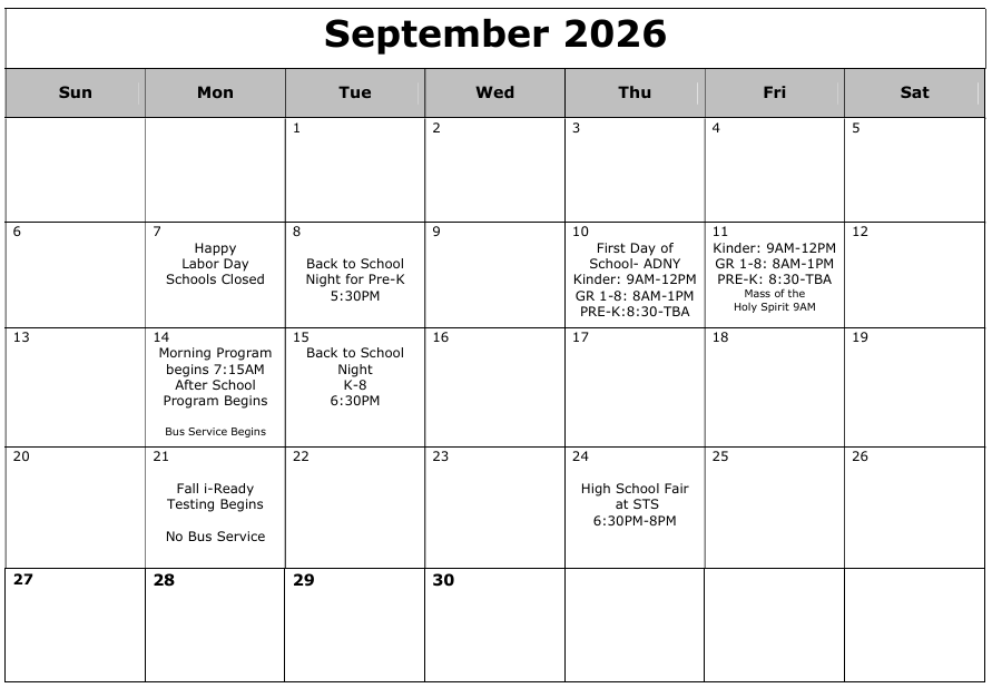 September 2026 School Calendar